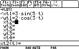 This image shows the parametric graph entry screen xt1 = 3. sin(5.t), yt1=2.cos(3.t)